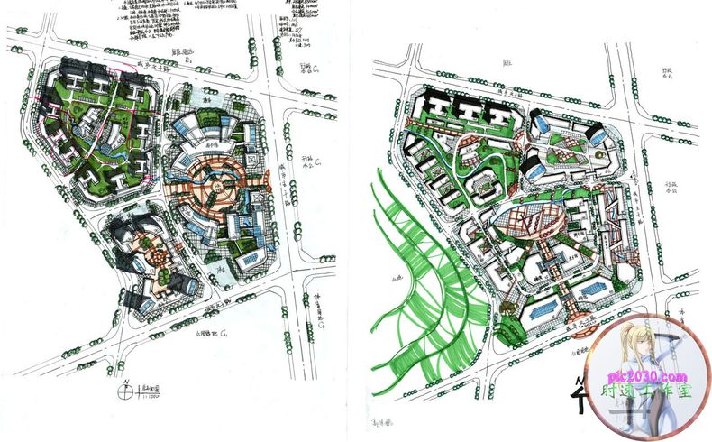 规划设计大全610例城市手绘作品集效果图素材居住区广场校公园园林景观